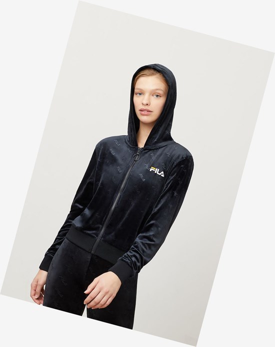 Fila Cipriana Embossed Velour Hoodie Blk/Wht | PXMHF-0941