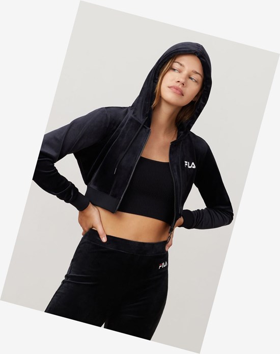 Fila Lou Cropped Velour Hoodie Blk/Wht | DQTIH-9856