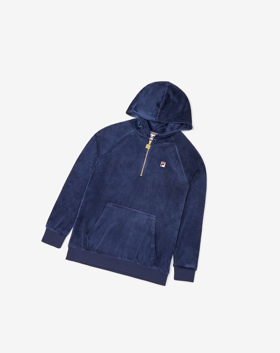 Fila Laurent Velour Hoodie 410 Peacoat | EYLFU-0396